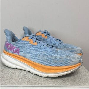 Hoka One One Clifton 9 Women’s Airy Blue and Orange Athletic Shoes Size 11